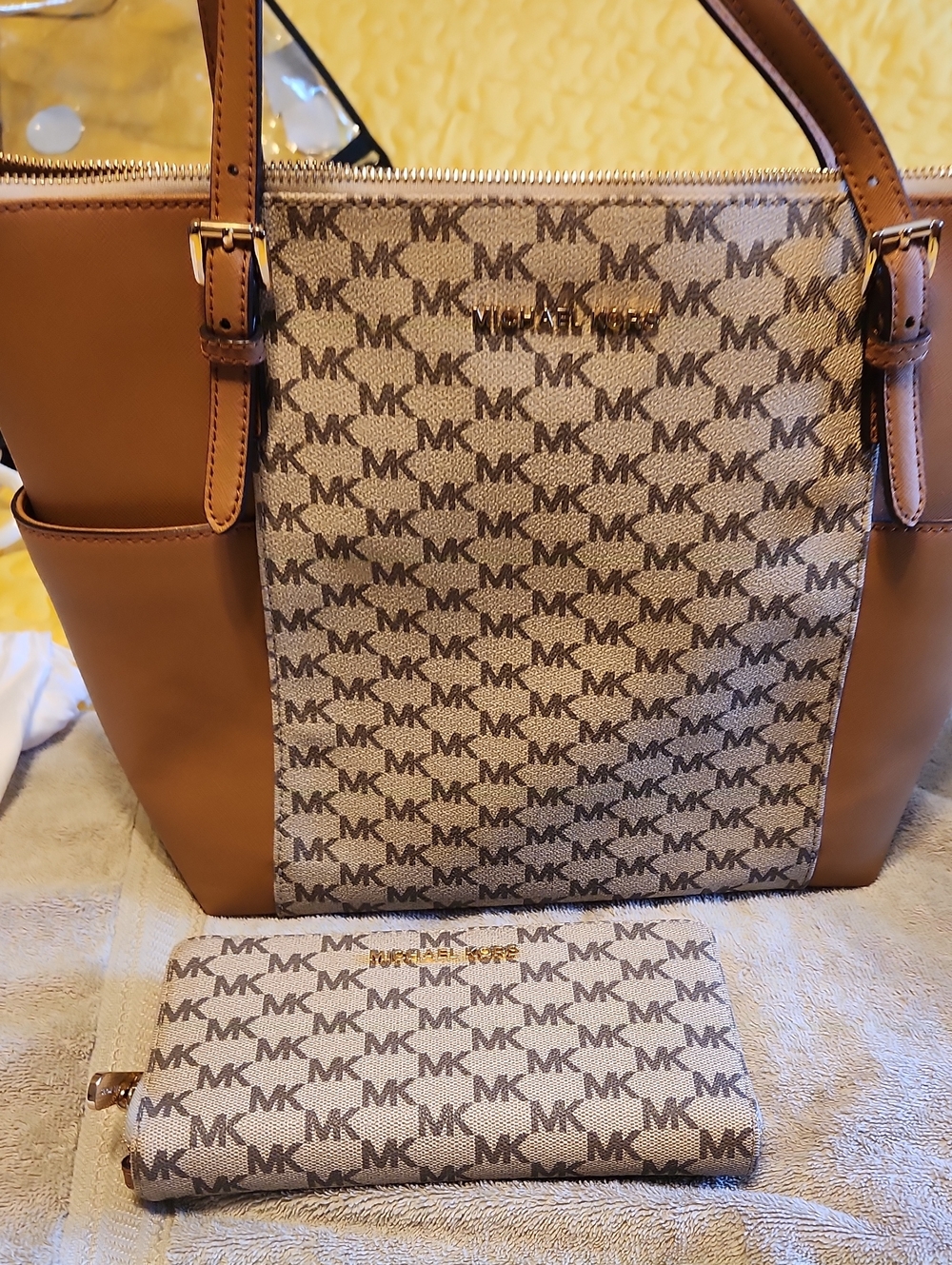 Michael Kors Charlotte Tan/Brown MK Logo Tote with Matching Wallet
